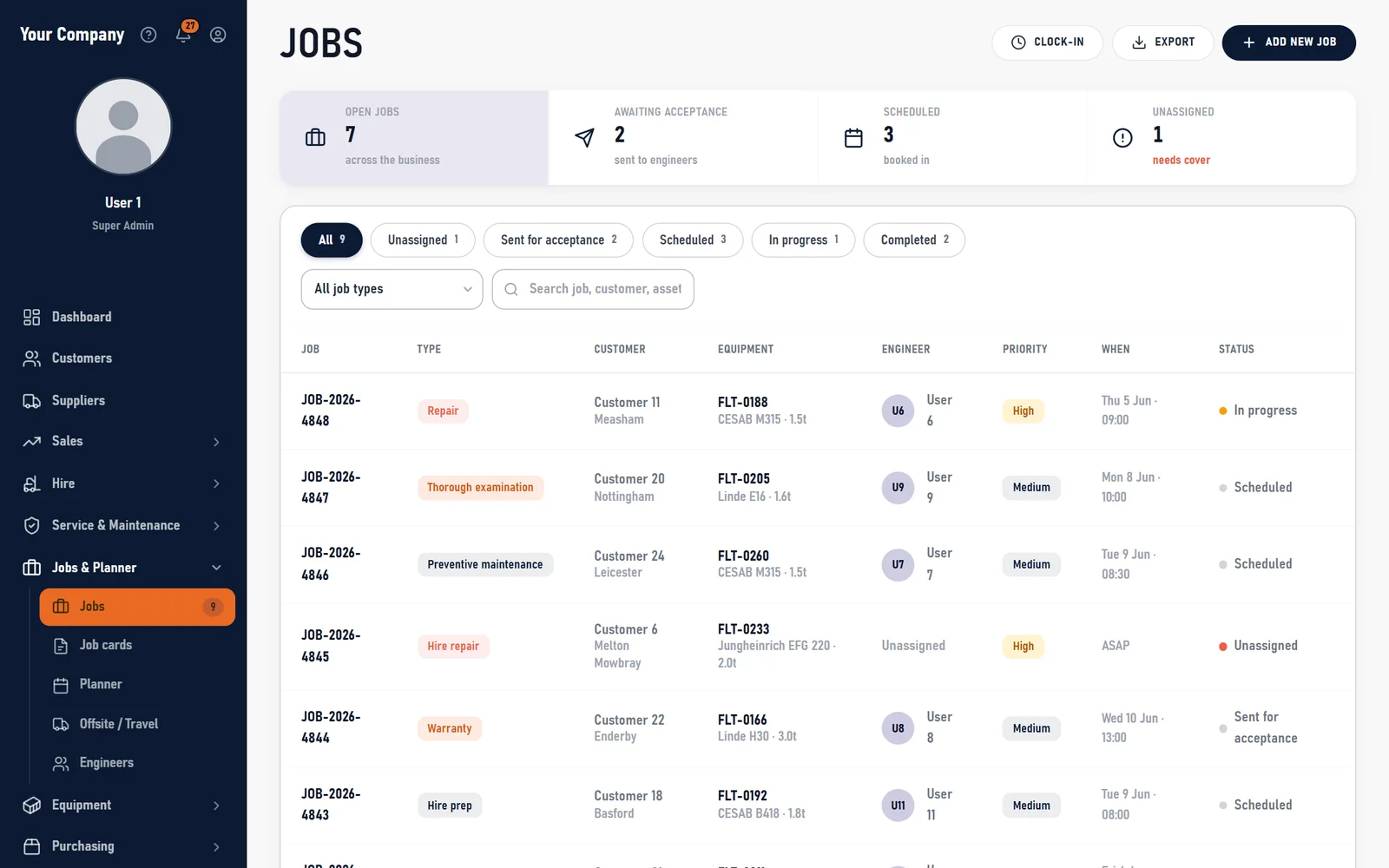 Jobs screen